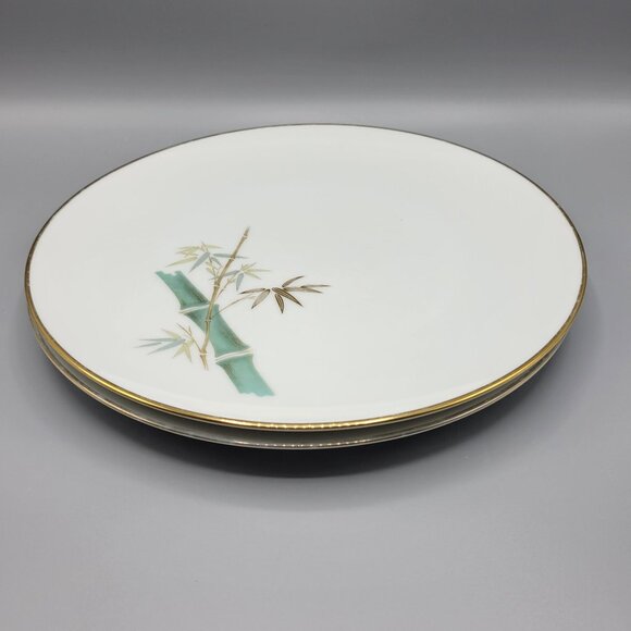 Vtg Noritake Japan Oriental Bamboo Design Dinner Plates Set Of 2 Gold Trim 10.5" - Picture 2 of 10